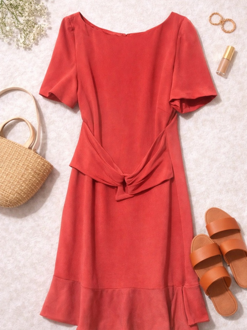 Maggy London Coral Tie-Waist Midi Dress